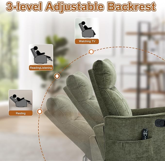 Manual Swivel Rocker Recliner Chair for Adults Overstuffed Glider Chair for Nursery with Massage and Heat Living Room Reclining Chair Fabric Green