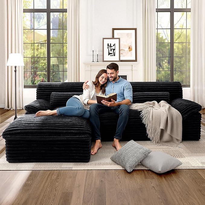 Pamapic 3-Seat L-Shaped Modular Sectional SofaBoneless Cloud Couch with Double-Layer Deep Seat Comfy Corduroy Fabric 72h ReboundBlack