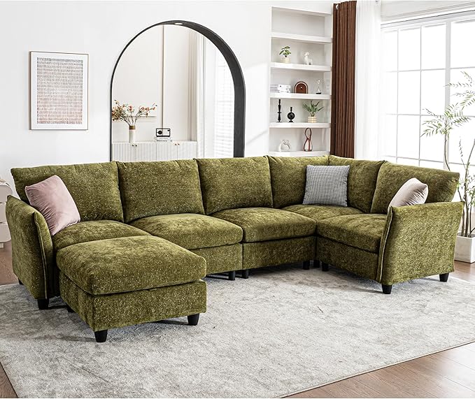124.4 U Shaped Sectional Couches with Storage Ottoman 6 Seater Chenille Upholstered Modular Sectional Sofa Cloud Couch Sectional Sectional Couches for Living Room Bedroom &amp Apartment (Green)