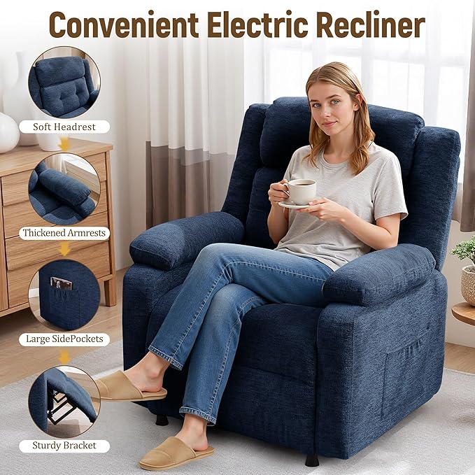 Power Recliner Chair Living Room Chairs for Adults Oversized Electric Recliner with Side Pockets Chenille Fabric Reclining Chair for Living Room Bedroom
