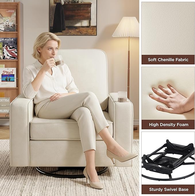 Swivel Square Accent Chair with Wide Armrests360° Rotating Comfy Single Sofa Chairs with USB/Type-CCup Holder &amp Side PocketModern Armchair for Living Room Bedroom Reading Lounge NookBeige Whit