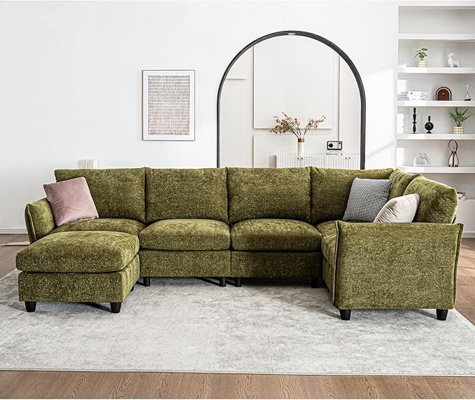 124.4 U Shaped Sectional Couches with Storage Ottoman 6 Seater Chenille Upholstered Modular Sectional Sofa Cloud Couch Sectional Sectional Couches for Living Room Bedroom &amp Apartment (Green)
