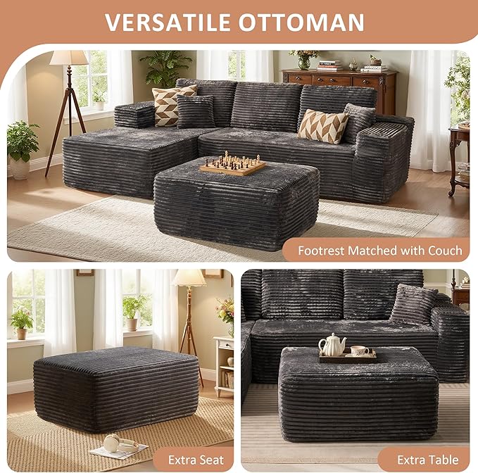 37.1 Ottoman for Couch Memory Foam Cloud Boneless Sectional Couch for Living Room Foot Stools No Assembly Require (Grey Ottoman)