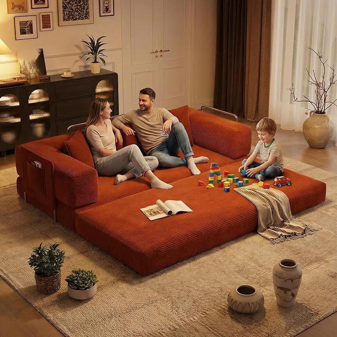 78.8'' Boneless Sleeper Sofa BedConvertible Futon Couch with Storage Pocket and 2 PillowsModular Corduroy Sofa for livingroomSmall speaceOrange