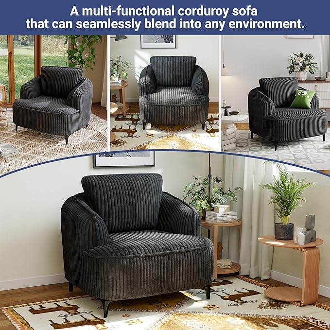 36 Lounge Chair with Metal Leg Accent Chair with Plush Corduroy Upholstery Ergonomic Back &amp Boneless Comfort for Living Room Bedroom Office No-Assembly Charcoal Black