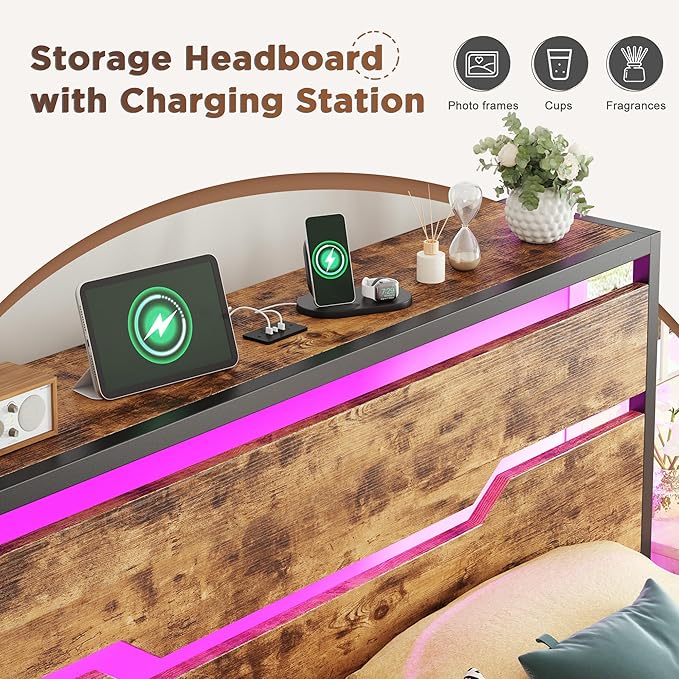 Full Size Bed Frame with LED Lights &amp Charging Station Bed Frame Full with Headboard13 Under Bed Storage Noise-Free Heavy Duty Metal Support Modern Brown