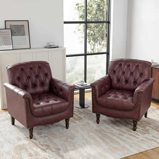 Faux Leather Club Chairs Set of 2 Retro Upholstered Armchair Accent Chair with Solid Wood Legs &amp Nailhead Trim for Living Room/Reading Room Dark Red