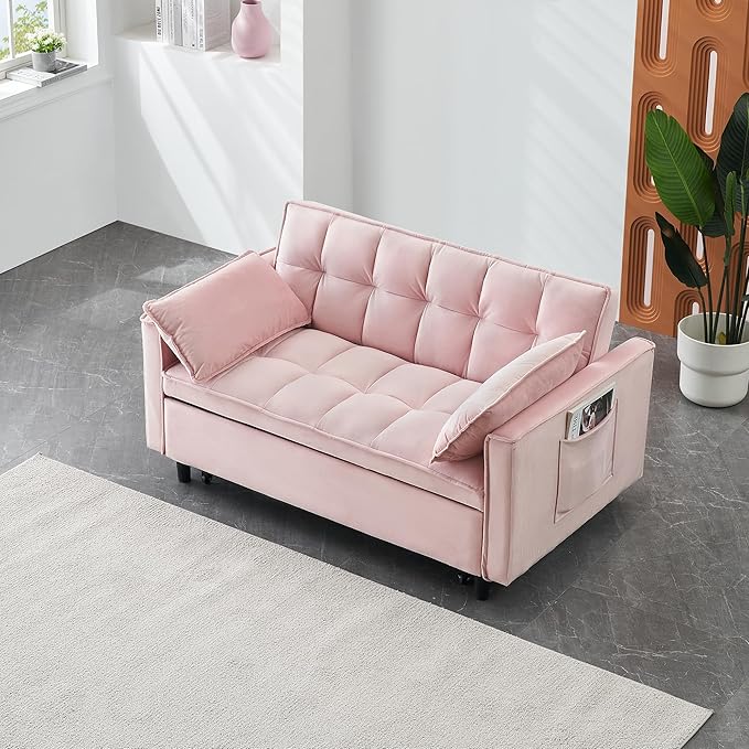 55 Modern Velvet Loveseat Sleeper Sofa 3-in-1 Convertible Pull-Out Bed with Adjustable Backrest 2 Pillows &amp Side Pockets Small Pull Out Couch for Living Room Apartment(Pink)