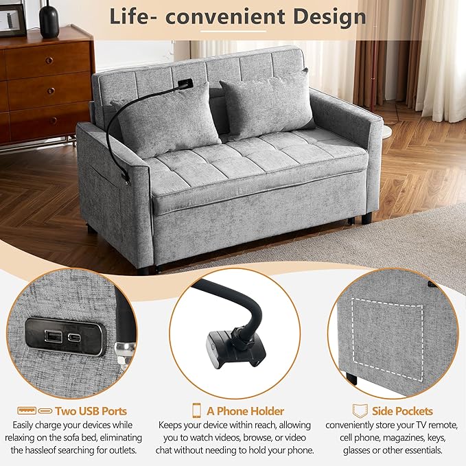 56.9 Loveseat Pull-Out Sofa Bed Chenille Sleeper Sofa Couch with a Reversible Backrest Cushion Side Pockets Two USB Ports and a Phone Holder for Living Room (Grey1)