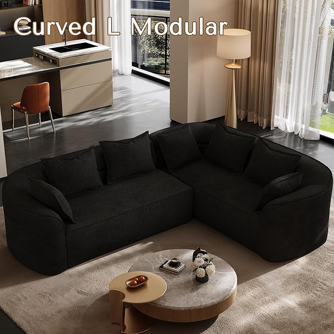 OUYESSIR 111 Oversized Sectional Sofa for Living Room Modern Luxury Chenille 4-Seater Couch Extra Deep Seat L-Shape Curved Cloud Couch with 7 Throw Pillows Black