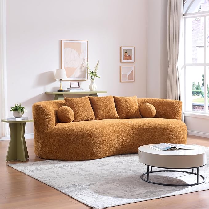 Christopher Knight Home Nomad Curved Sofa 90 Boucle Upholstered 3 Seater Couch with Decor Cushions Modern Cloud Couch with Deep Seat Fabric Upholstered Seating Set for Living Room Bedroom Camel