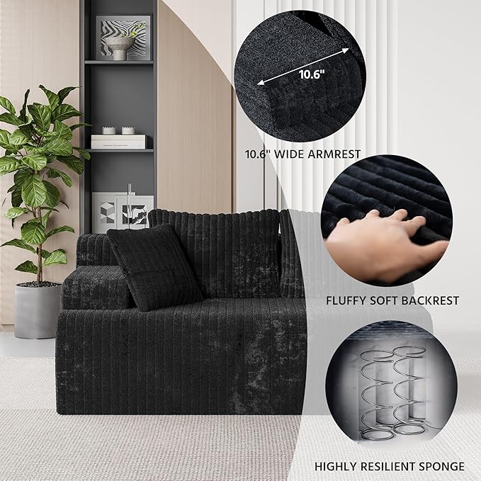 LAUSAINT HOME 96 Modular Sectional Sofa Couches L-Shaped Boneless Cloud Sofa with 3 Deep Seat 5 Cushiones Oversized Chaise for Living Room Bedroom Plush Corduroy Fabric (Left Black)