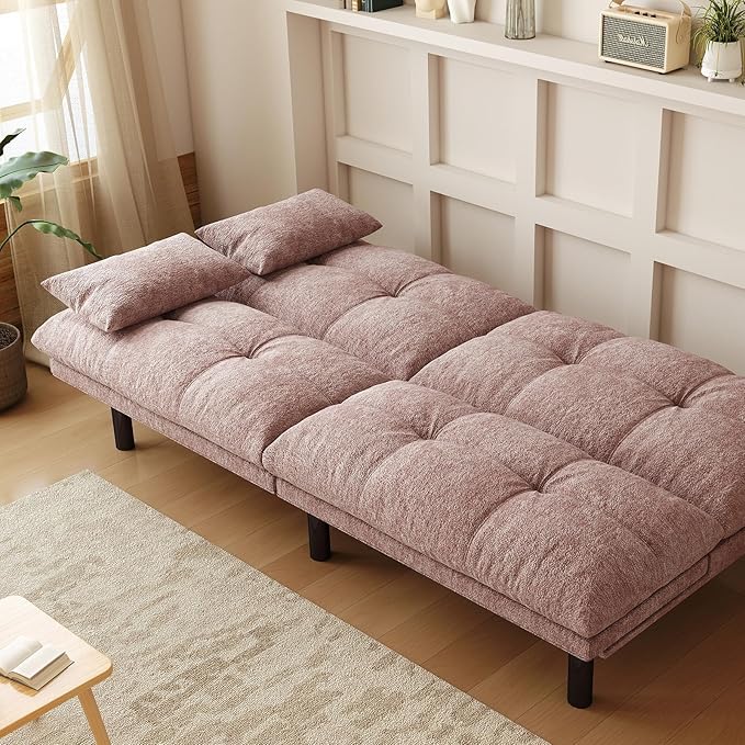 Futon Sofa Bed Convertible 70 inch Solid Wood Couch for Living Room Chenille Fabric 2 Cushions (Pink)