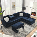 Living Room Furniture Sets L-Shape Sectional 5-Seater Sofa with Extra Wide Reversible Chaise Storage Ottoman and Cup Holders and Copper Nails 2 Pillows Navy Blue