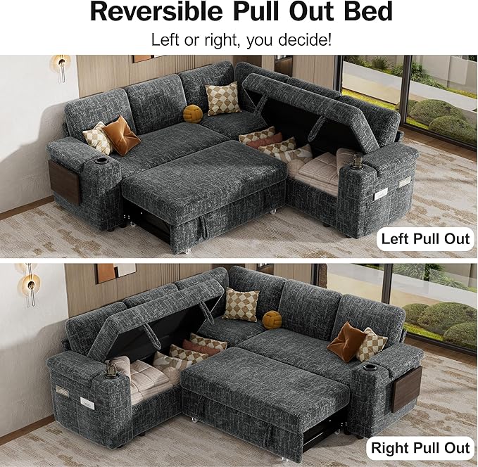 Vipbear 86 Modular Sectional Sleeper Sofa with Pull Out Bed 5 Seat Chenille L Shaped Couch with USB Ports|Cup Holders|Side Table|Storage Seat Armrests Tool Free Assembly Grey