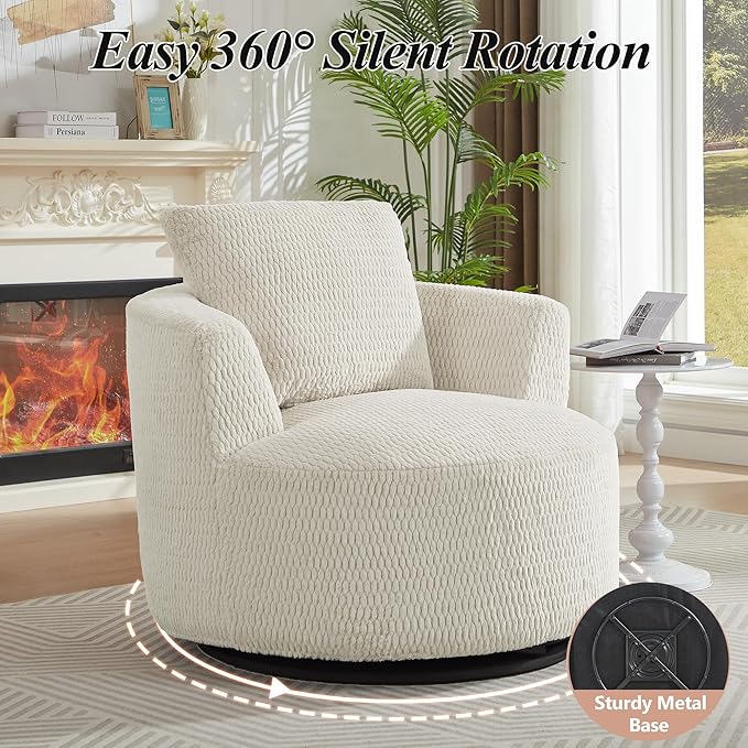 39.4'' Accent Chair for Living Room Chairs 360° Swivel Accent Chairs Upholstered Comfy Reading Chair for Bedroom Rotating Barrel Armchair with Metal Base for Apartment Office (1 Cream)