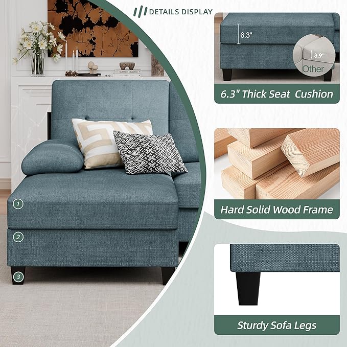 Vongrasig Sectional Couch for Living Room U-Shaped Sofa with Chaise 4-seat Large Sectional Modern Couches for Living Room Apartment (Blue)