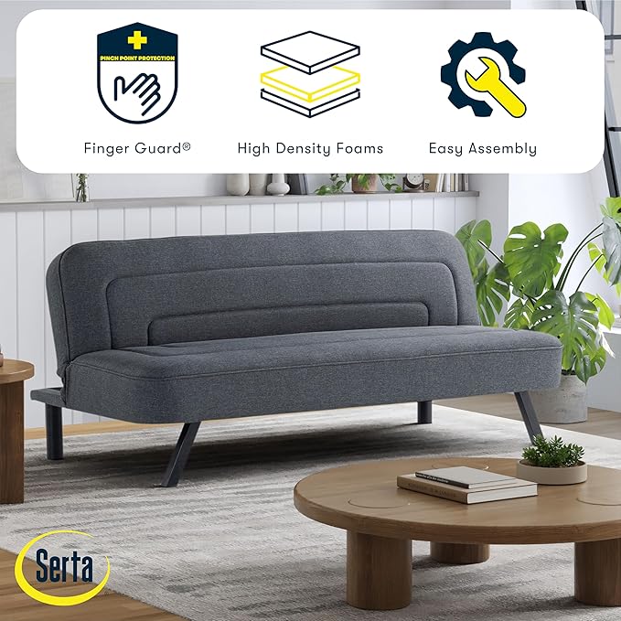 Serta Fairwood 66.1 Convertible Futon Sofa Short Twin Size Modern Boho Dream Coil Comfort Fingerguard Pinch Point Protection Soft Woven Polyester Fabric Charcoal