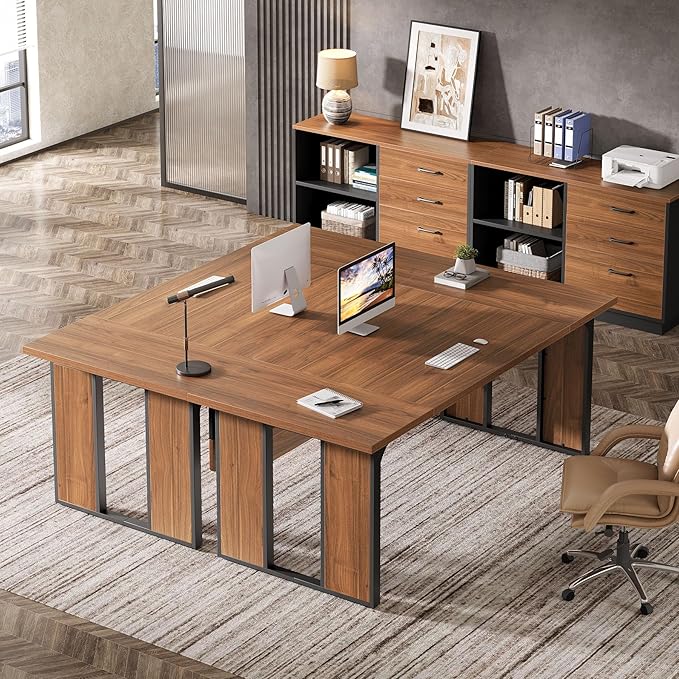 Tribesigns 63 Executive Desk Modern Office Desk with Privacy Panel &amp Metal Frame Large Computer Desk for Home Office Writing Study Workstation Business Furniture (Brown &amp Black Only Table