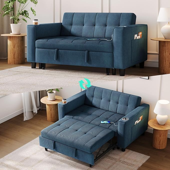 LINSY Sleeper Sofa Bed 54 Pull Out Couch with Charging Station &amp Cup Holder Small 3 in 1 Convertible Loveseat Sleeper Couch for Apartment Dorm Room Bedroom and Small Space Corduroy Blue