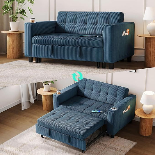 LINSY Sleeper Sofa Bed 54 Pull Out Couch with Charging Station &amp Cup Holder Small 3 in 1 Convertible Loveseat Sleeper Couch for Apartment Dorm Room Bedroom and Small Space Corduroy Blue
