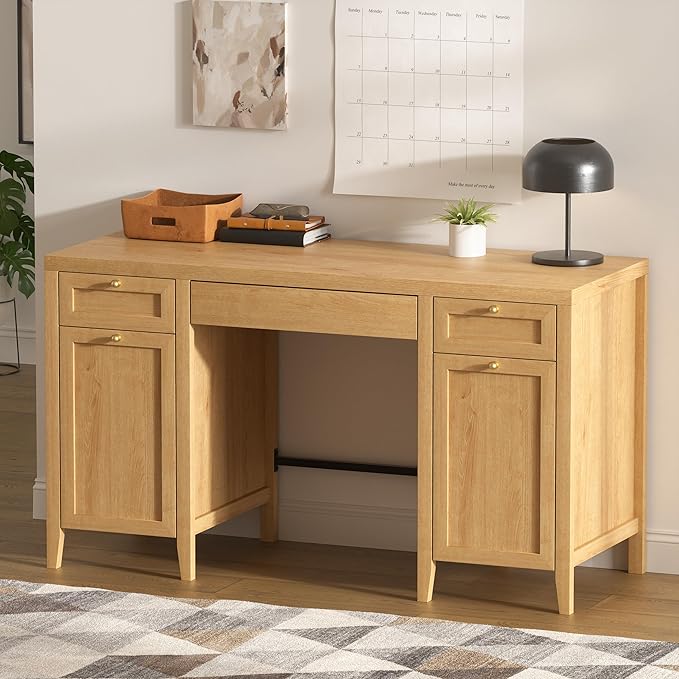 52 Large Executive Desk with Drawers Farmhouse Wooden Home Office Desk with Storage Cabinet Modern Computer Writing Desk for Work Study Workspace Natural Oak