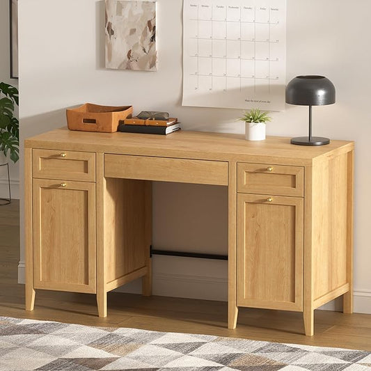 52 Large Executive Desk with Drawers Farmhouse Wooden Home Office Desk with Storage Cabinet Modern Computer Writing Desk for Work Study Workspace Natural Oak