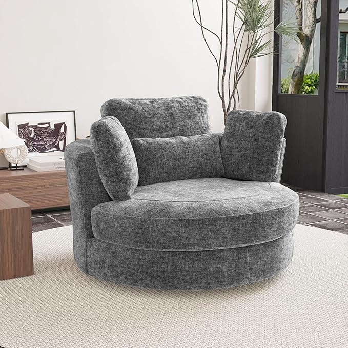 49.6''W Swivel Accent Barrel Chair Oversized Chenille Upholstered Round Single Couch Sofa with 4 Pillows for Living Room Apartment Bedroom (Gray).