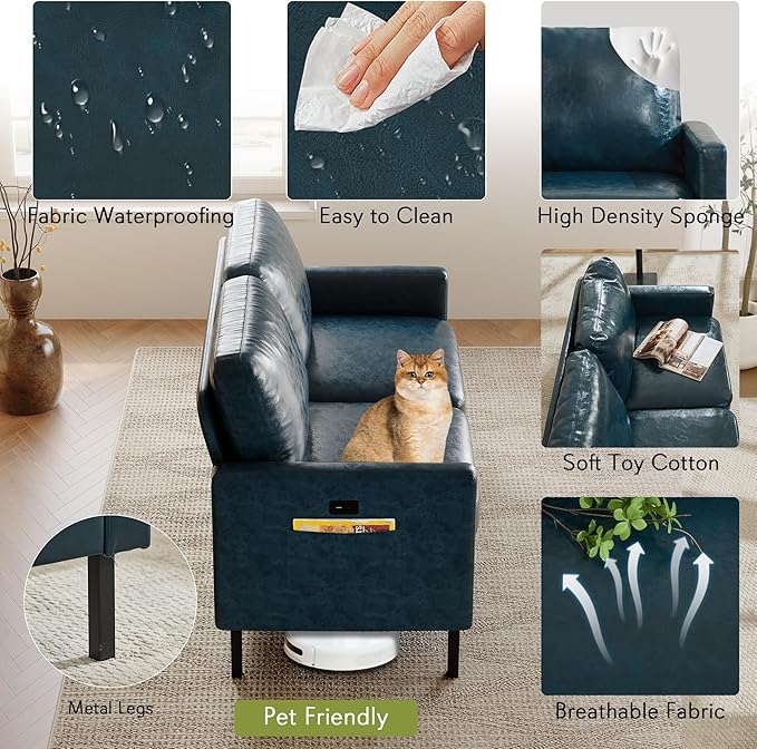 STHOUYN 57 W Faux Leather Loveseat w/ 2 USB Small Loveseat Sofa w/Side Pockets Wooden Frame Small Couch w/Metal Legs Office Mini Couch for Dorm Bedroom Apartment