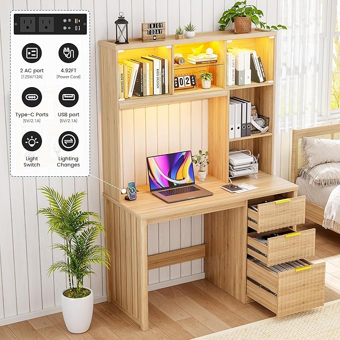 Standing Desk with LED Light for Office Room Smart Computer Desk with Hutch and Drawer for Game RoomModern Study Table with 2AC Port Charging Station/Lamp/for Bedroom (Wood)