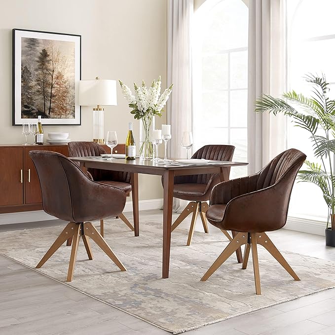 Art Leon Dining Chair Mid Century Modern Suede Upholstered Swivel Dining Room Chair with Wood Legs Leisure Side Chair with Arms for Living Room Mocha