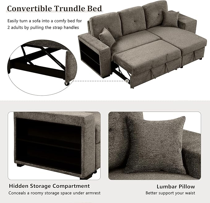 Flieks Reversible Sleeper Sectional Sofa Bed with Side Shelf and 2 StoolsPull-Out L-Shaped Sofa BedCorner Sofa-Bed with Storage Chaise Left/Right Hande for Living RoomKnox Charcoal