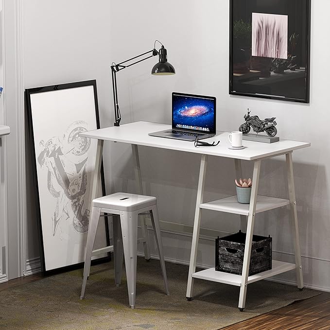 SHW 43-Inch Home Office Trestle Computer Desk with Open Storage Shelves White