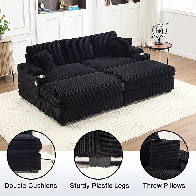 86.6 Sectional Sofa Couch with 2 Ottomans Comfy Corduroy Upholstered Cloud Modular Convertible Couch with Cup Holders and USB Armrest Storage Deep Seat Oversized Loveseat for Living Room (Black)