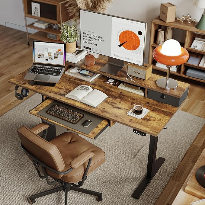 Agilestic Electric Standing Desk with 2 Drawers and Keyboard Tray 63 x 24 Inches Ergonomic Adjustable Height Desk with Storage Sit Stand up Computer Workstation Rustic Brown