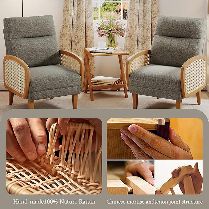 Andeworld Accent ChairUpholstered Modern Living Room Chairs with Natural Rattan Arm Linen Fabric Arm Chair with Wooden Legs for Bedroom Club Balcony Reception Taupe