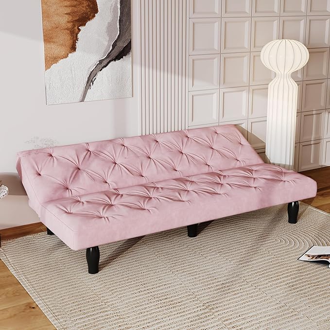 Modern Convertible Futon Sofa Bed Adjustable Loveseat Futon Couch with Metal Legs Upholstered Sofa Bed with Wood Frame Sleeper Couches for Small Compact RV Living RoomOffice (Pink-Velvet)