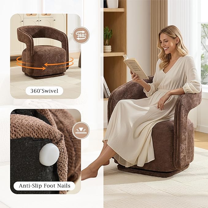 KEIKI Swivel Barrel Chair Modern Accent Chair for Study/Reception 360° Rotation Ergonomic Design Easy Assembly Comfy Chenille Fabric