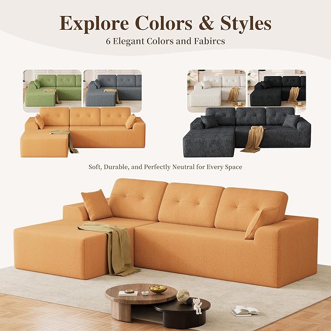 Ball &amp Cast 106 Cloud Sectional Couch Compressed L-Shaped Sofa with Deep Seat Chaise Boneless No Assembly Modular Couch Foam &amp Spring Support 2 Boxes (Left Facing Chenille Orange)