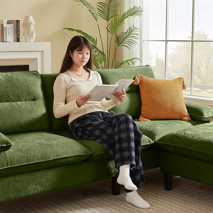 86'' Chenille Sofa with Storage Ottoman Modern Living Room Sofa with Removable Washable Cushion 3 Seater Comfy Couch for Apartment Bedroom Office (Green)