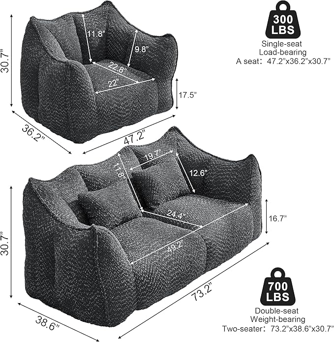 2 Piece Sofa Set 47.2 Inch Single Sofa and 73.2 Inch Loveseat Sofa Comfy Chairs with Scratch-Resistant Pet-Friendly Chenille Modern Couch with Arms No Assembly Required Black