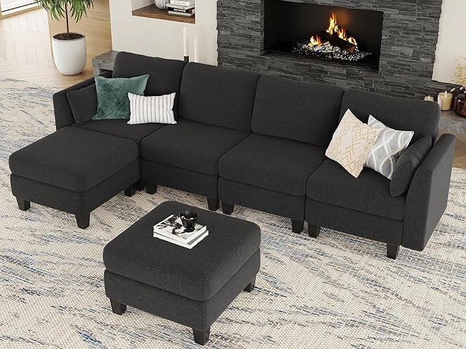 Modular Sectional Sofa Comfy Cloud Couch Sectionals Convertible Modular Couch with High Density Memory Foam 6 Seat U Shaped Sectional Couches for Living Room Washable Cover Black | Comfortable C