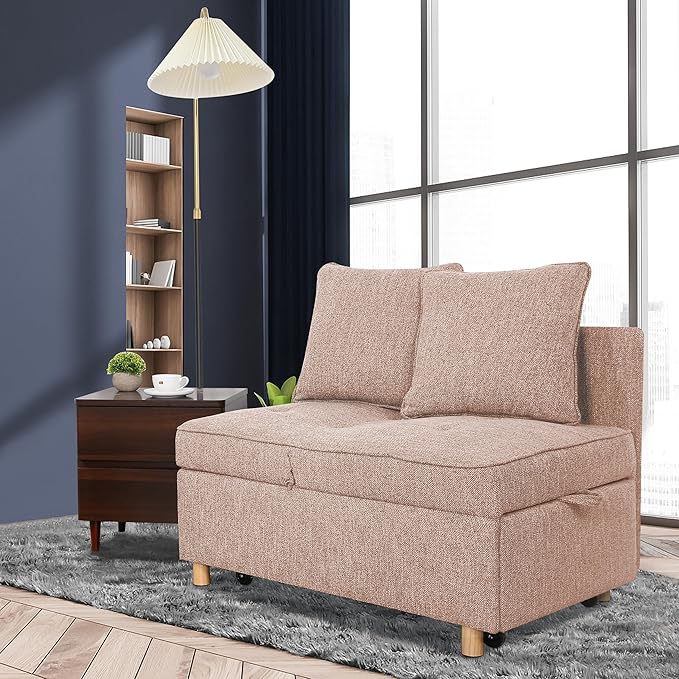SEJOV 71 Convertible Couch Bed Brown Wood Loveseat Sofa Adjustable Couch Sleeper with Pull Out Bed Modern Linen Fabric Space-Saving Sofas for Living Room Apartment and OfficeLight Brown