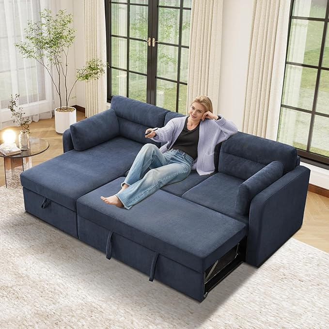 Tbfit 92.5'' 3 in 1 Sleeper Sofa Couch with Storage Chaise Corduroy Sofa Bed with Pull Out Bed Convertible Sleeper Sofas for Living Room Small Spaces Blue