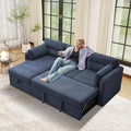 Tbfit 92.5'' 3 in 1 Sleeper Sofa Couch with Storage Chaise Corduroy Sofa Bed with Pull Out Bed Convertible Sleeper Sofas for Living Room Small Spaces Blue