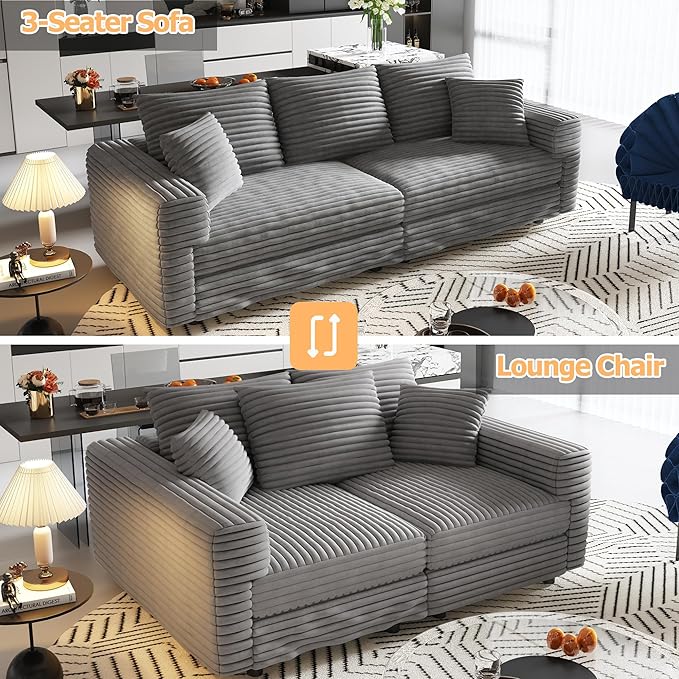 Cloud L Shaped Couch Modular Sectional Sofa 3 Seater Corduroy Cloud Sofa Couch with Ottoman 82.7'' Oversized Chaise Lounge Sleeper Sofas Deep Seat Sectional Couches for Living Room Grey