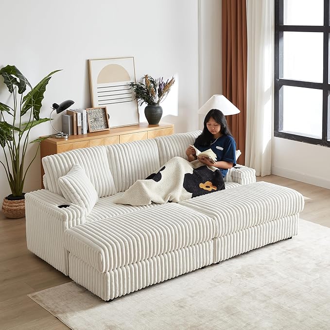 84 Oversized Double Chaise Lounge Indoor Modern Comfy Corduroy Sectional Couch with Ottoman Loveseat Sleeper Sofa Bed with Cup Holder Home Sofa Living Room Apartment (Beige)