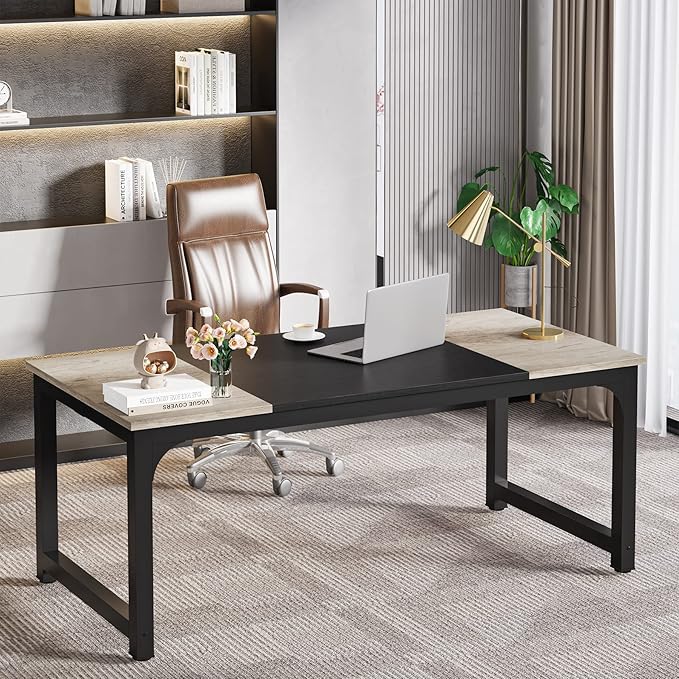 LITTLE TREE 70.8 Inch X-Large Executive Computer Office Desk Grey+Black