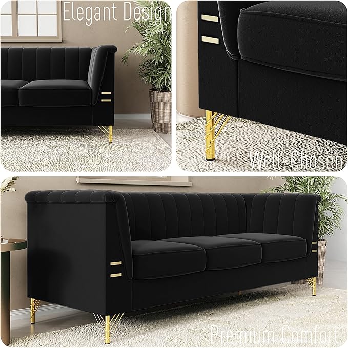 83.46 W Black Velvet Sofa Couch with Metal Gold Legs 3-Seater High Arm Upholstered Sofa for Living Room Bedroom Office (Black)