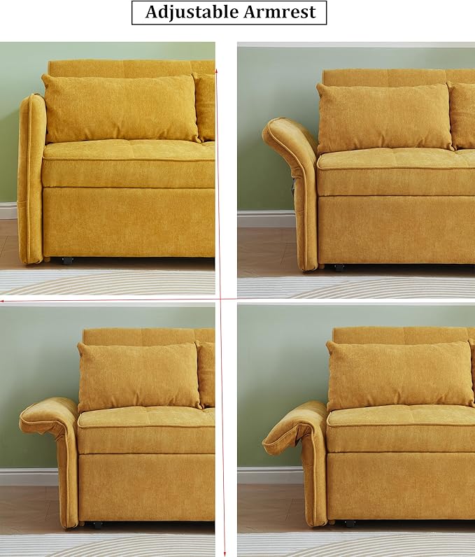 JULYFOX Yellow Pull Out Sofa Sleeper Bed 53.5 inch Wide Loveseat Couch Sleeper with Armrest 2 Throw Pillows Heavy Duty Design for Small Spaces